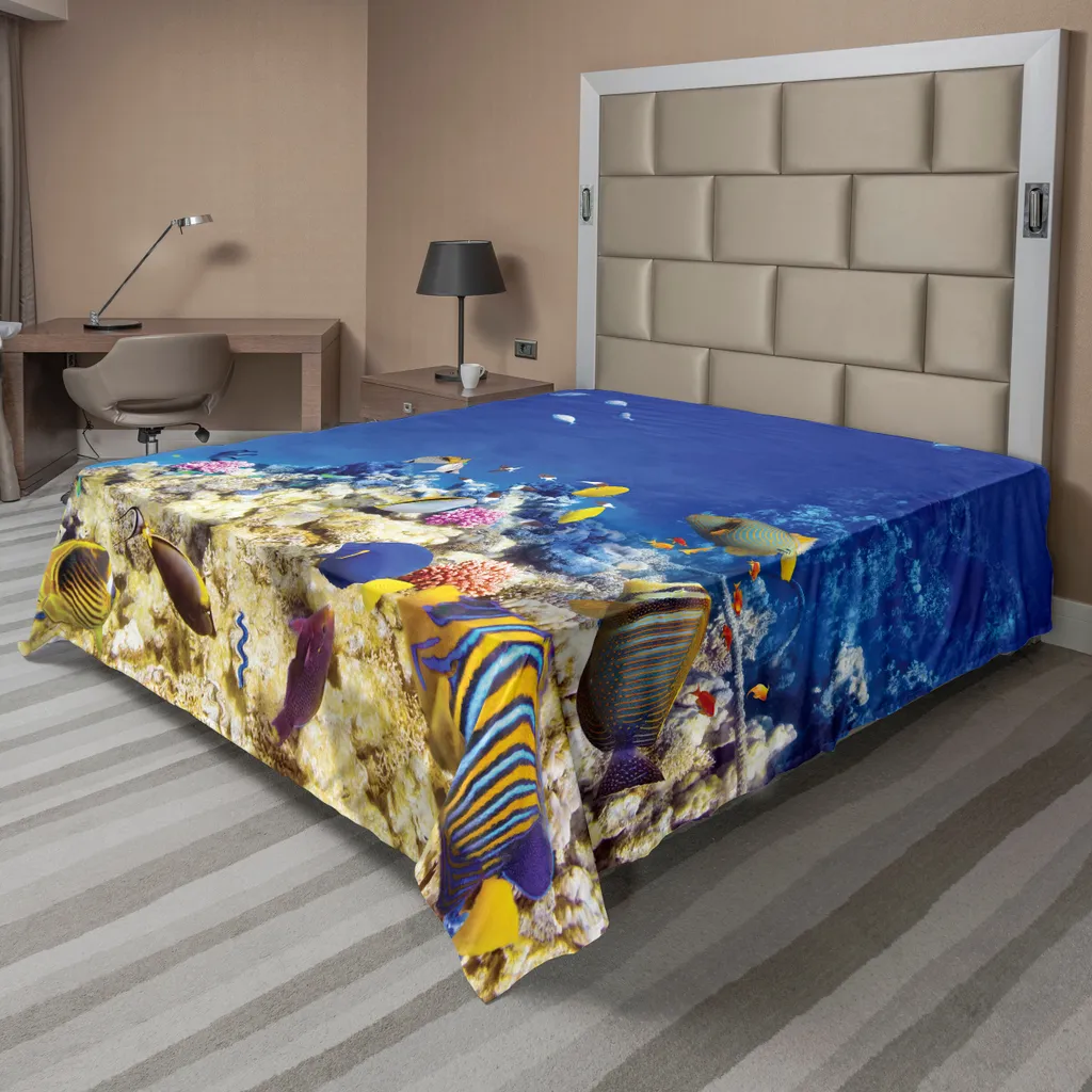 Drap de Lit Supérieur Thème Tropical et Vie Marine pour Décoration de Lit