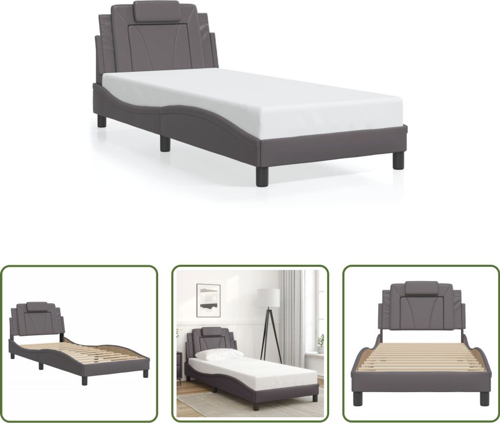 The Living Store Bettgestell mit Kopfteil Grau 90x200 cm Kunstleder
