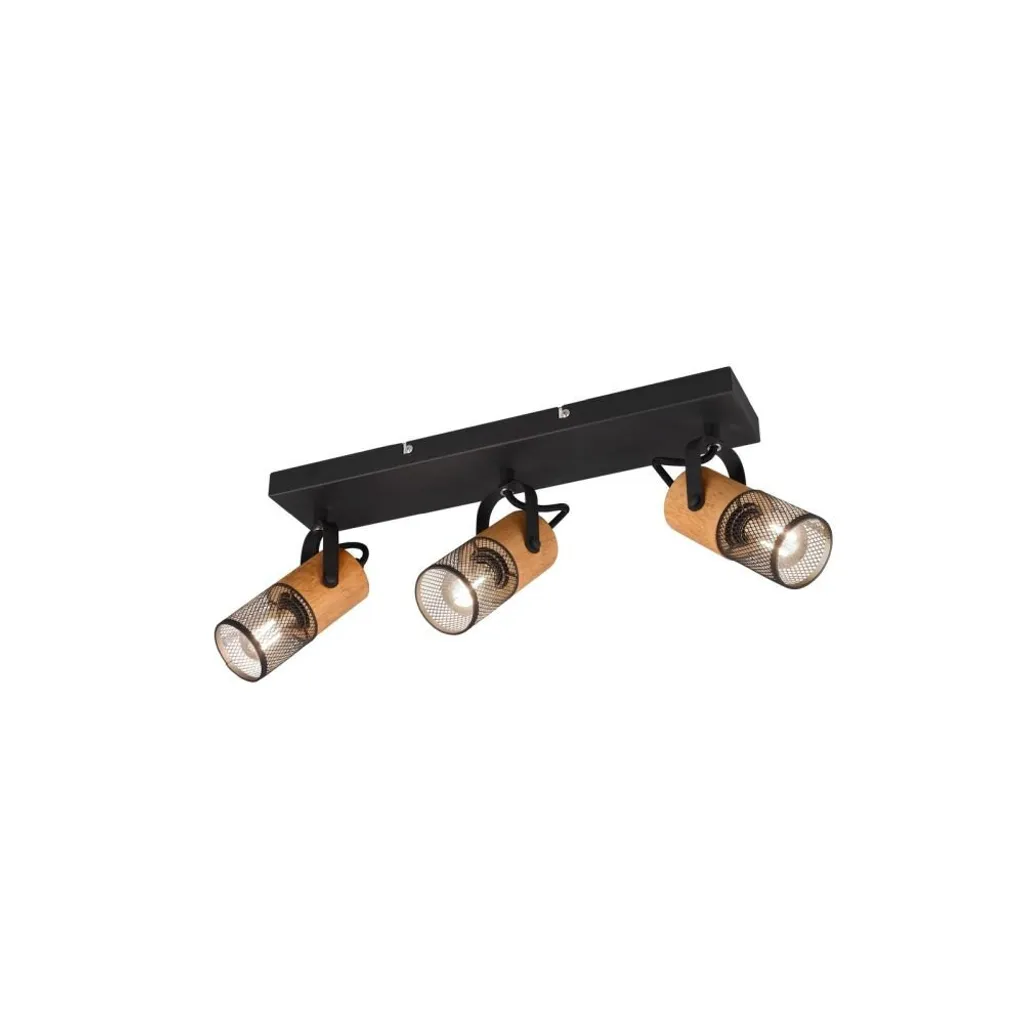 Plafoniera 3 Luci Trio Leuchten Manon Stile Vintage Acciaio Legno
