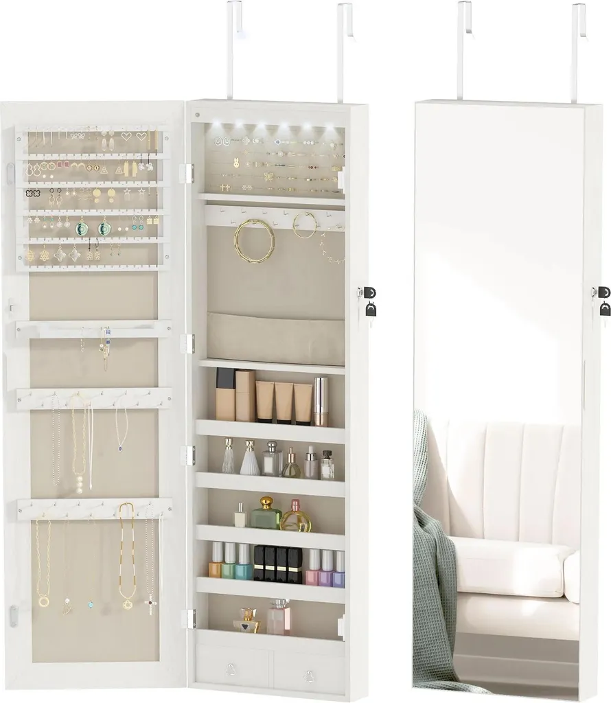 Rangement bijoux mural avec miroir LED pour gain de place chambre - 120cm