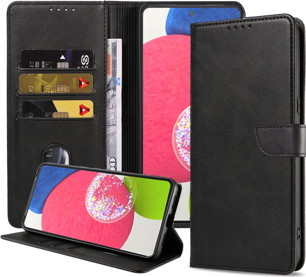 Passend für Samsung Galaxy A52s 5G Handytasche Kunstleder mit magnetischer Lippe und Kartenhalter Buchhülle mit Klappe - Schwarz - Smartphonics