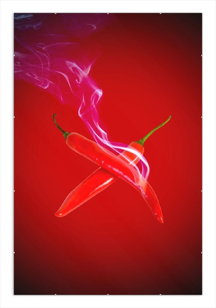 Wallario Wandbild Rauchende Chili-Schoten im Duo vor rotem Produktbild 