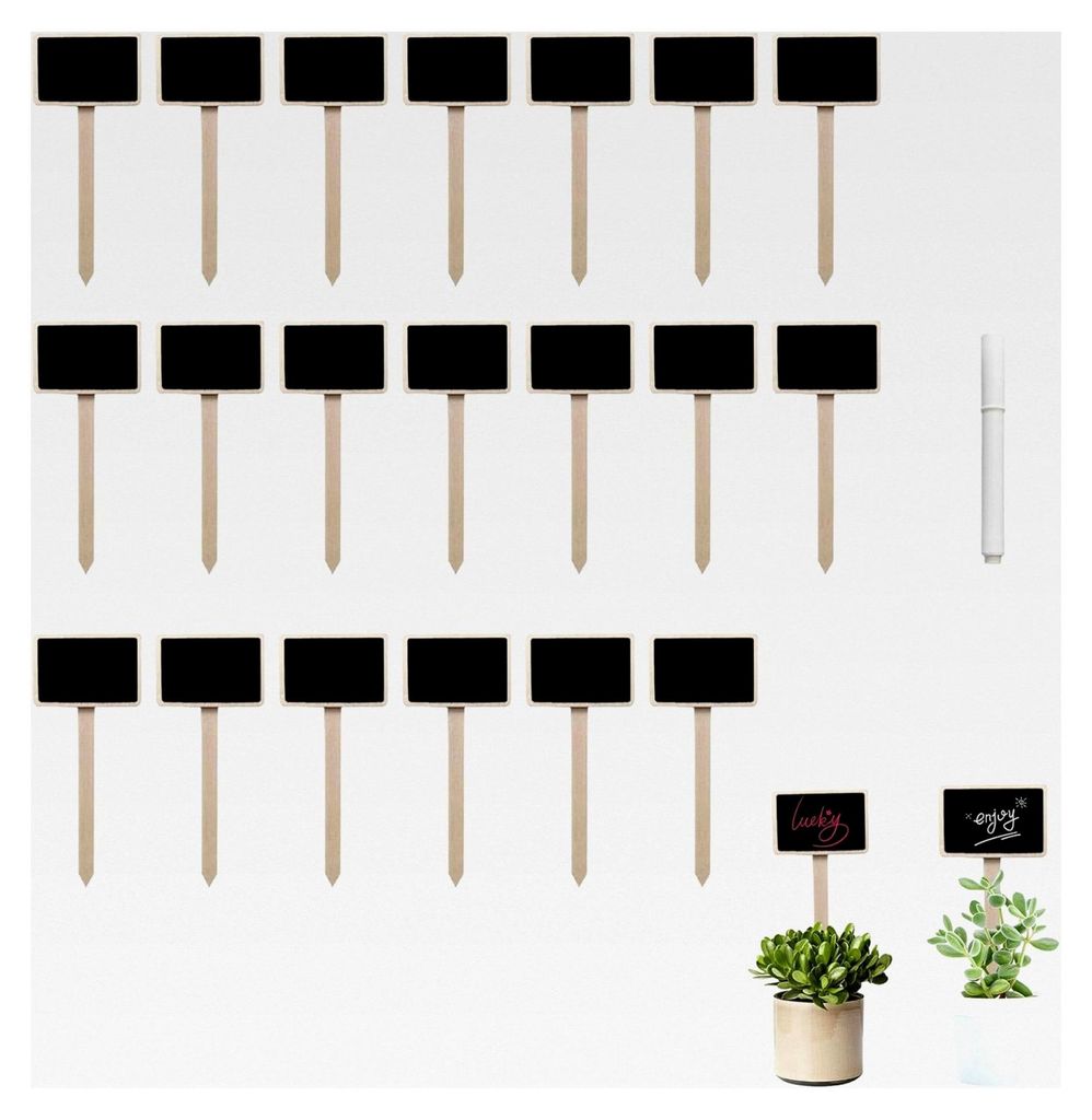 Pflanzenstecker Set, 20 schwarze Holz-Tags und 1 Marker - Ideal für Garten, Balkon, Blumenbeet, 6,3 x 4,2 cm, robust und elegant
