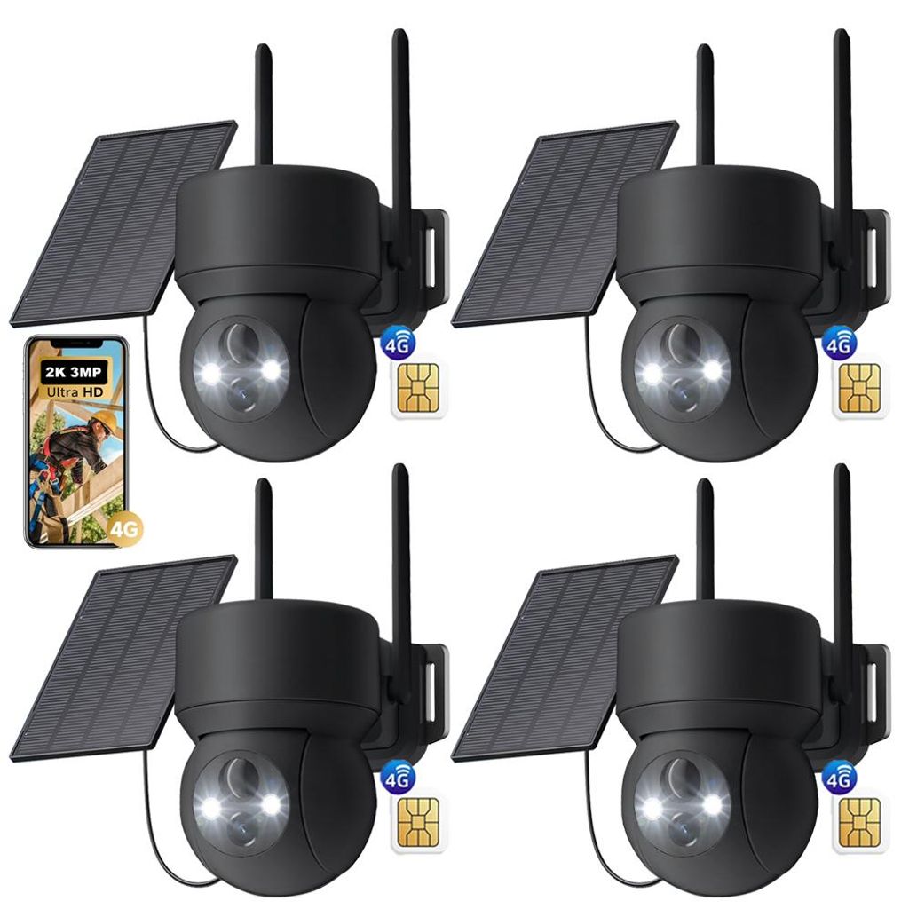 4 Stück 4G LTE Überwachungskamera Aussen Solar Akku mit SIM Karte Kabellos IP Kamera Outdoor Ohne WLAN 360° PTZ mit PIR Erkennung Farb-Nachtsicht