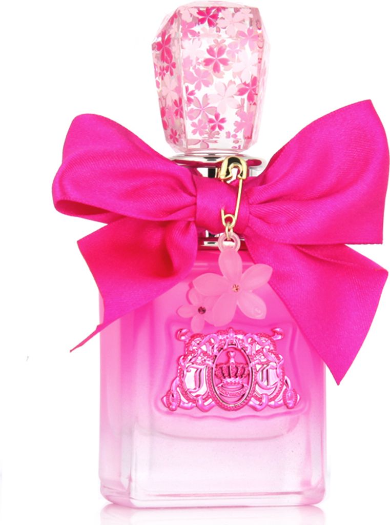 A Juicy Couture Viva La Juicy Petals Please Eau de Parfum bottle with a pink bow and flower charm.