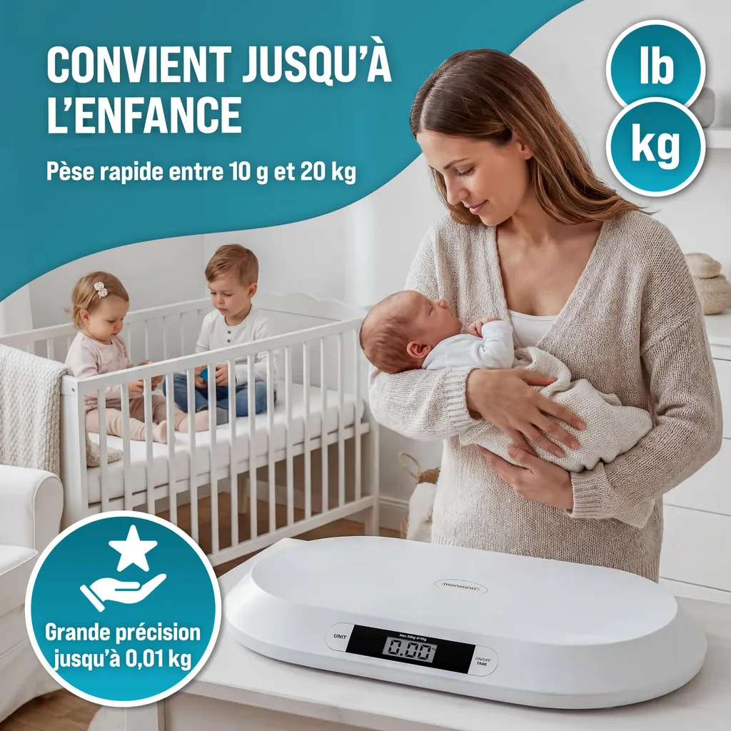 Pèse-bébé avec Surface Incurvée et Précision 10g Balance Numérique LCD