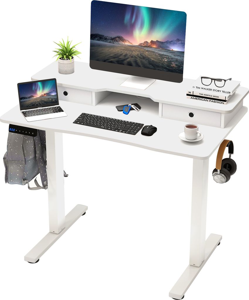 A white adjustable standing desk with a computer setup, including a monitor, laptop, keyboard, mouse, and headphones.