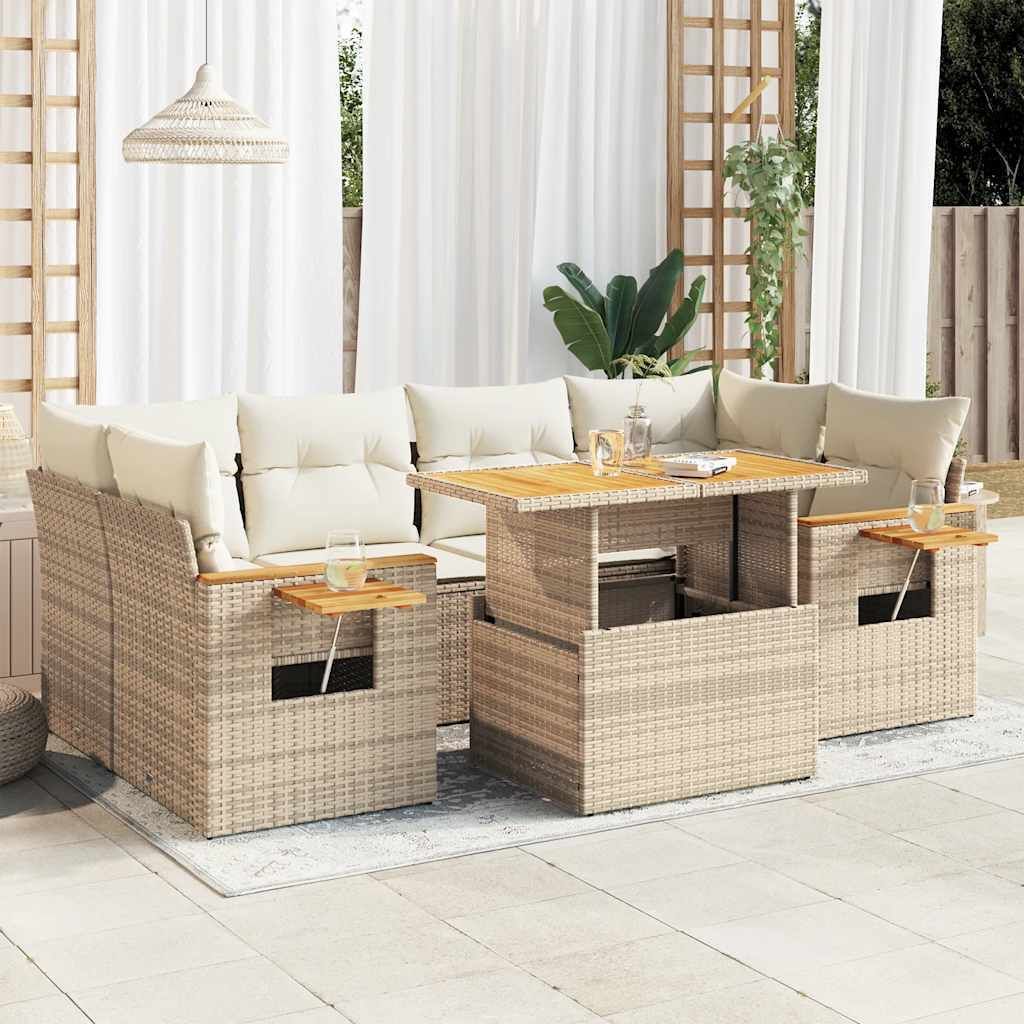 Maison Exclusive - 7-tlg. Garten-Sofagarnitur mit Kissen Beige Poly Rattan Akazie