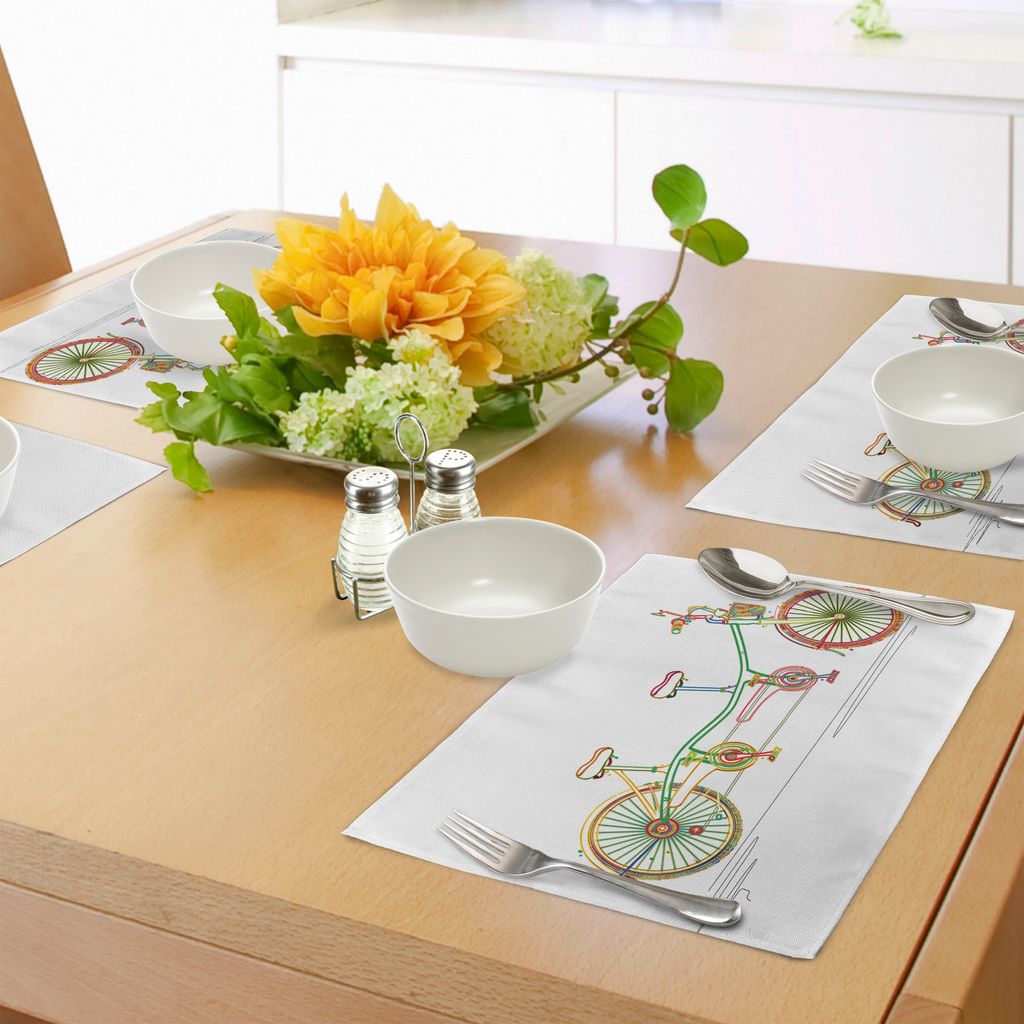 ABAKUHAUS Fahrrad Platzmatten, Buntes Tandem-Fahrrad-Design auf weißem Hintergrund-Muster Clipart Style Print, Tiscjdeco aus Farbfesten Stoff für...
