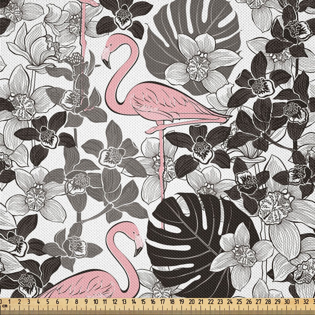 ABAKUHAUS Flamingo Satin Stoff als Meterware, Künstlerische Zeichenstil-Insel-Laub-Natur-Orchideen-Blumen und Palmblätter, 2 M (148 x 200 cm), Co...