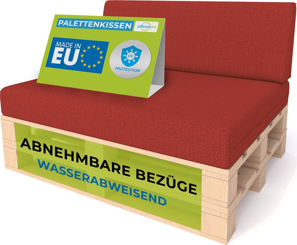 Pillows24 - Palettenkissen mit abnehmbarem Bezug - 2ER SET | Polster für Europaletten 120x80 Sofa - Wasserfest - Outdoor/Indoor | Rot