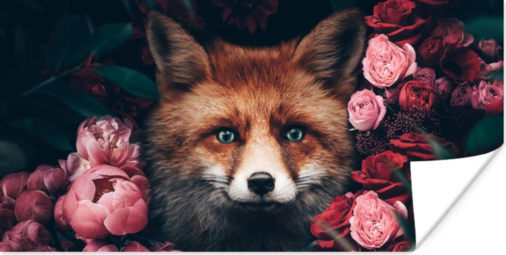 MuchoWow Poster Fuchs - Blumen - Tiere 160x80 cm - Foto Poster