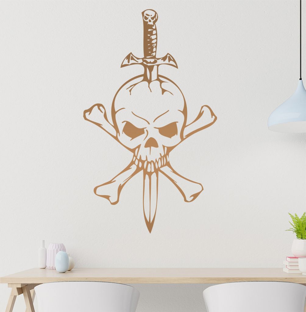Schädel mit Dolch Wandtattoo in 6 Größen - Wandaufkleber Wall Sticker - Dekoration, Küche, Wohnzimmer, Schlafzimmer, Badezimmer