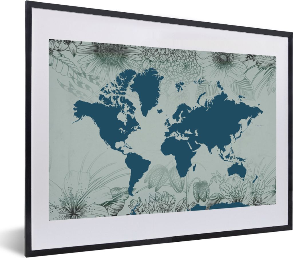 MuchoWow MuchoWow Gerahmtes Poster Weltkarte - Grau - Blau 60x40 cm - Poster mit zchwarzem Bilderrahmen - Schlafzimmer - Plakat in Rahmen - Dru...
