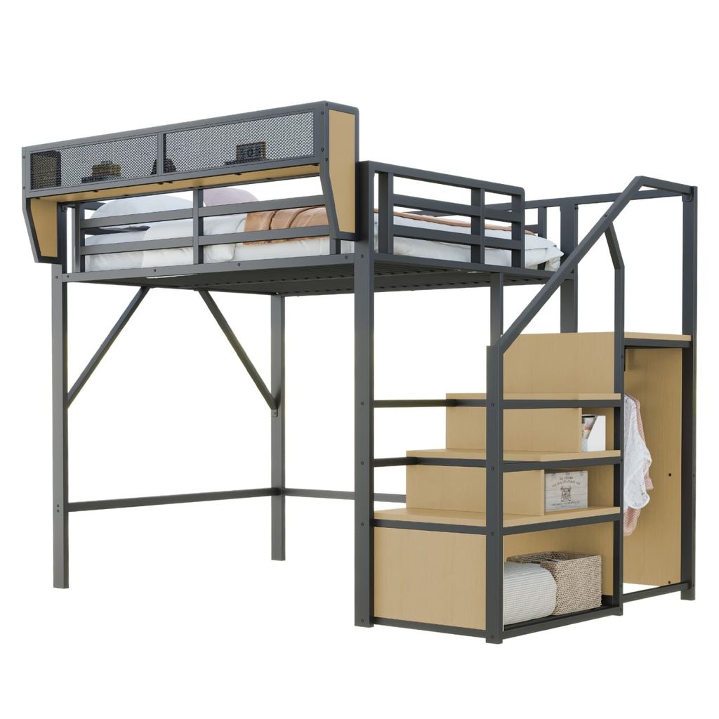 Hochbett,Etagebett(Schwarz,140x200cm) mit Sicherheitsleiter und flexiblem Staufach, Metallbett Erwachsenenbett Kinder-Etagenbett