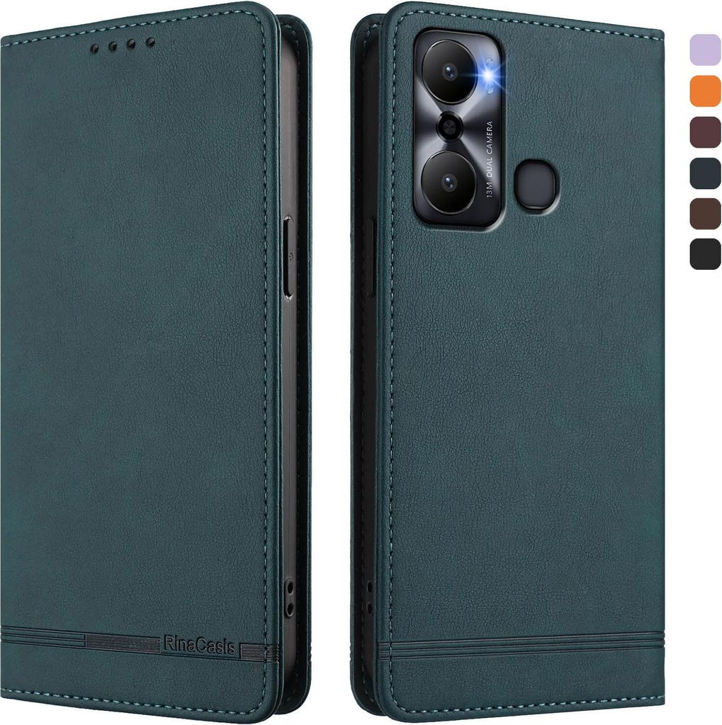Hülle für Infinix Hot 20 Play, Retro Kunstleder Ständer Klapphülle mit Kartenfächer und Magnetische Grün