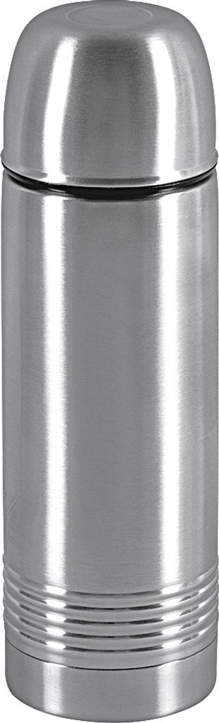 A studio shot of a silver stainless steel thermos.