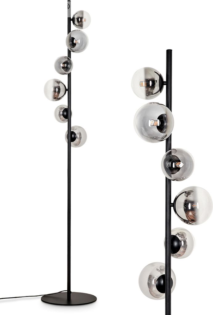 Garaguso Stehlampe aus Metall/Glas in Schwarz/Rauchfarben/Klar