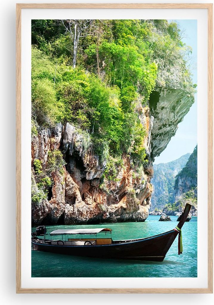 Gerahmtes Poster - Rahmen in heller Eiche - Boot Klippen Natur Felsen - 61x91,5 cm - Wand Bild - Wanddeko - Wandbilder - Wandposter - Bilderrahmen ...