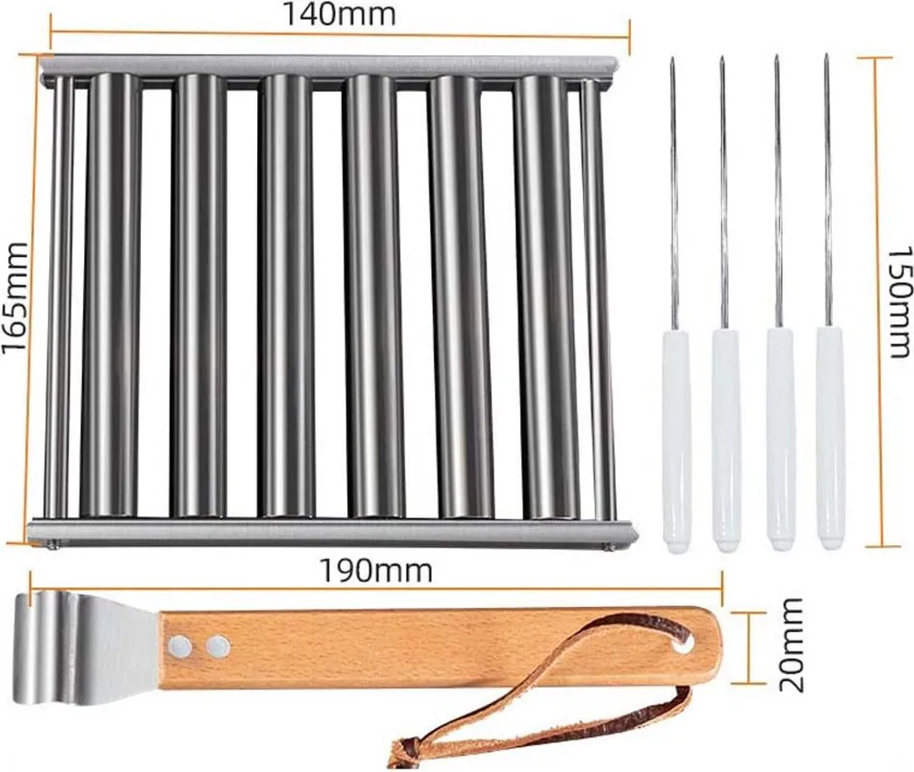 Rullo per hot dog, in acciaio inox, per barbecue e hot dog, rullo rimovibile per salsiccia con manico in legno, fornello per hot dog per barbecue da campeggio