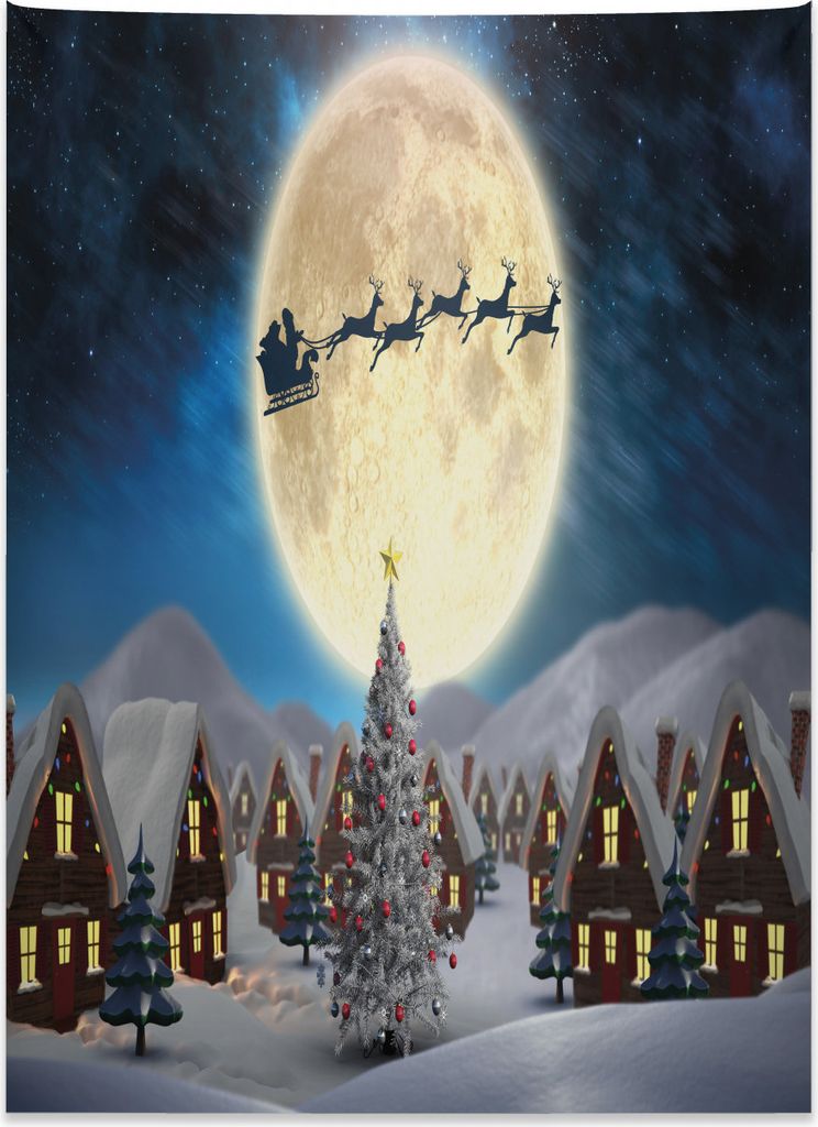 Abakuhaus Weihnachten Wandteppich, Weihnachtsmann Vollmond aus Weiches Mikrofaser Stoff Kein Verblassen Klare Farben Waschbar, 110 x 150 cm, Mehrfa...