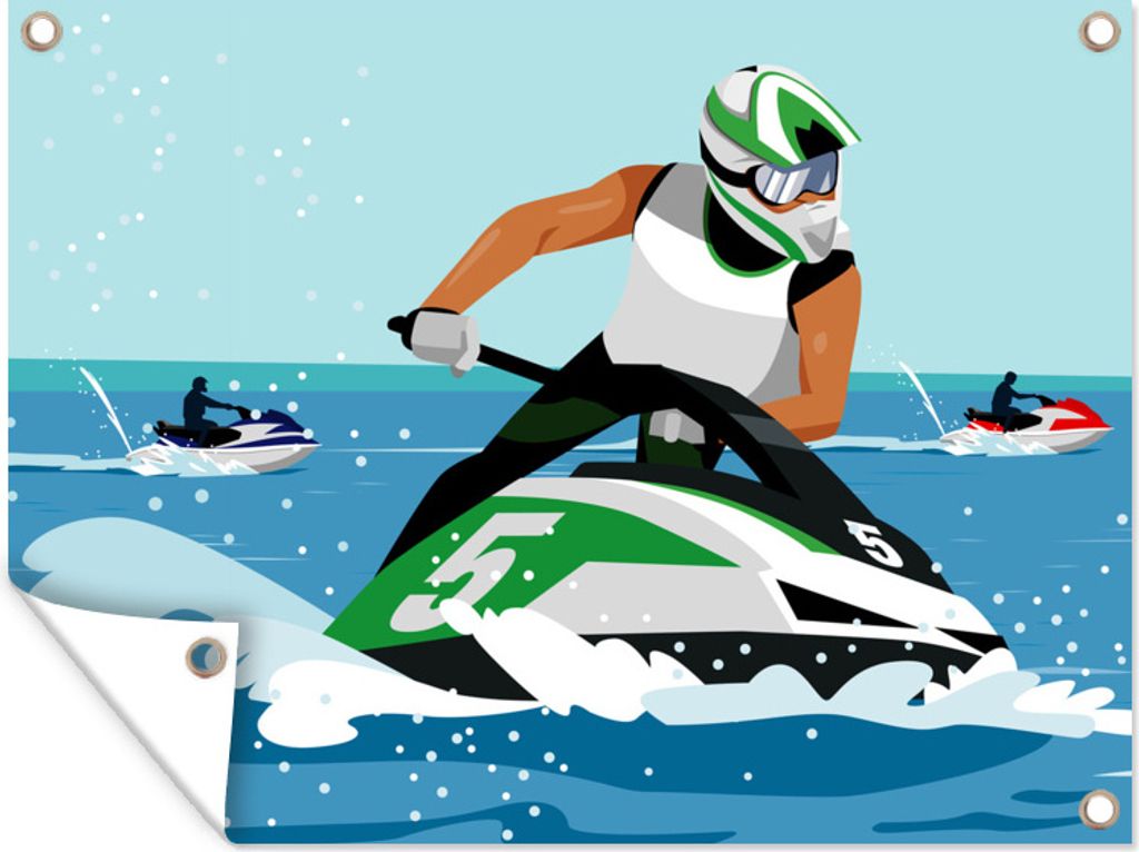 MuchoWow 40x30 cm Outdoor-Poster Gartendeko Sichtschutz Garten Poster für den Garten Eine Illustration einer Person in einem Jet-Ski-Rennen