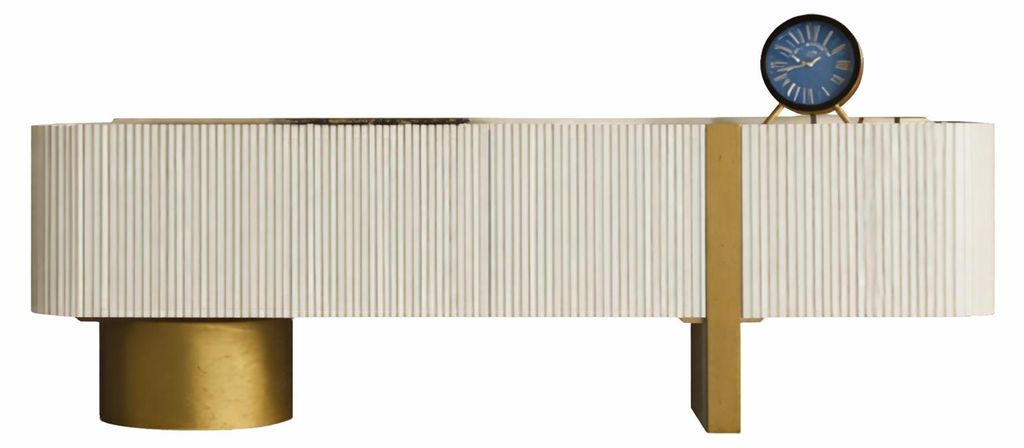 Modernes TV-Lowboard in Weiß mit goldenen Akzenten und Rillenstruktur