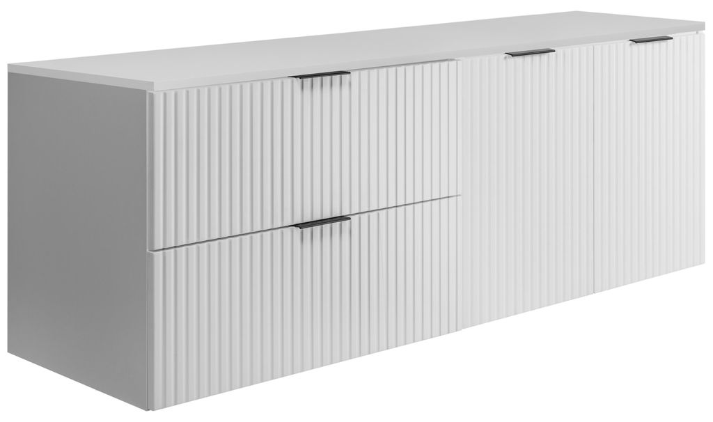 Badezimmer-Set: Schrank mit Schubladen und Schrank mit Türen 57×46×160 cm, Farbe: weiß / weiße Arbeitsplatte, schwarzer Griff