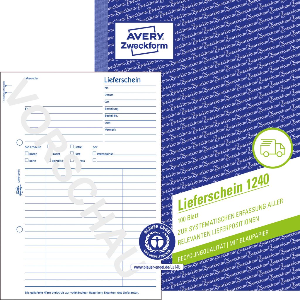 Avery Zweckform 1240, Lieferschein, A5, Recycling-Papier, mit Blaupapier, 100 Blatt