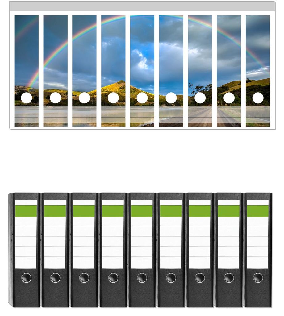Wallario 9 Stück breite Ordner inkl. Klebeetiketten mit Motive Regenbogen über Hügel - Set mit Rückenschildern / Ordnerrücken Stickern