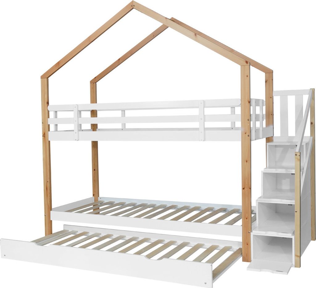 Etagenbett, Ausziehbares Baumhausbett, Schiebebett, Treppe mit 4 Schubladen, Kinderbett mit Absturzsicherung und Kinderbettgitter, mit Lattenroste