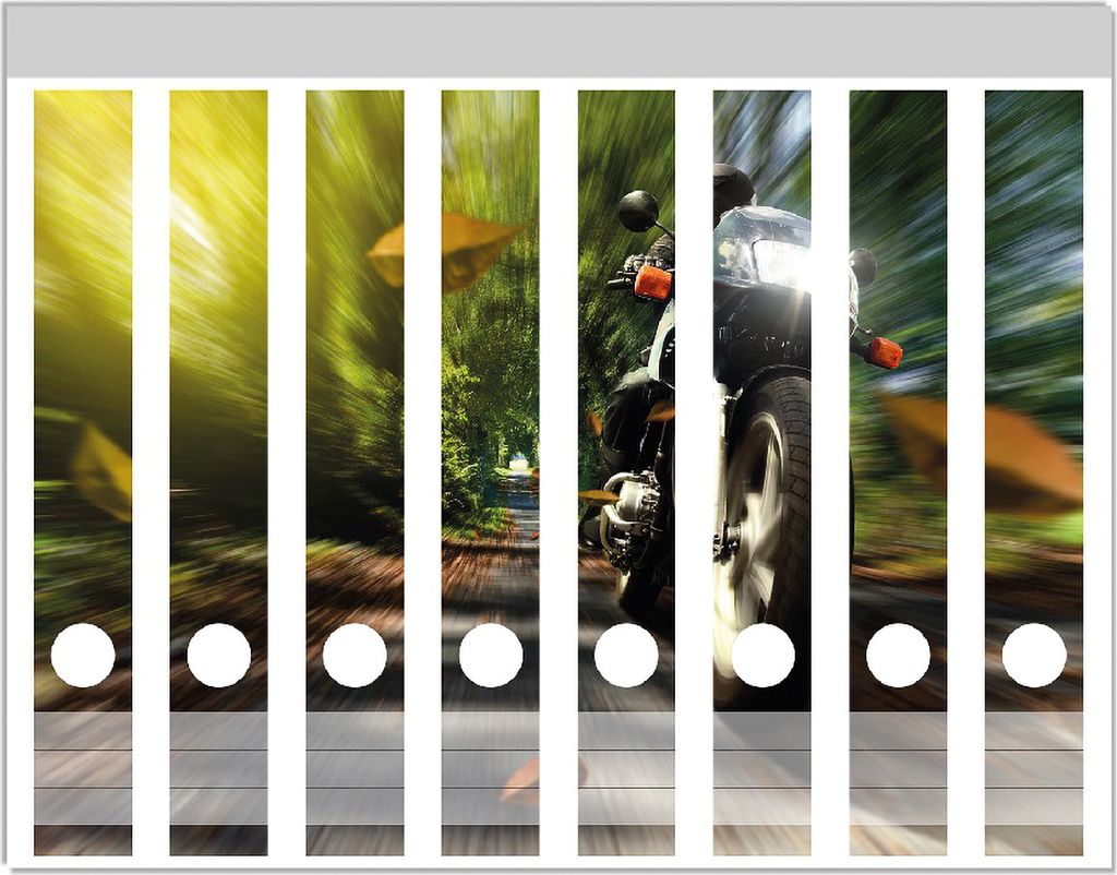 Wallario Ordnerrücken Sticker, selbstklebend für schmale Ordner, 8 Stück, Motiv Fahrendes Motorrad im Wald mit Herbstlaub