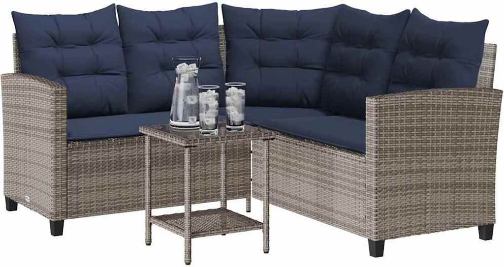 vidaXL Gartensofa in L-Form mit Tisch und Kissen Grau Poly Rattan