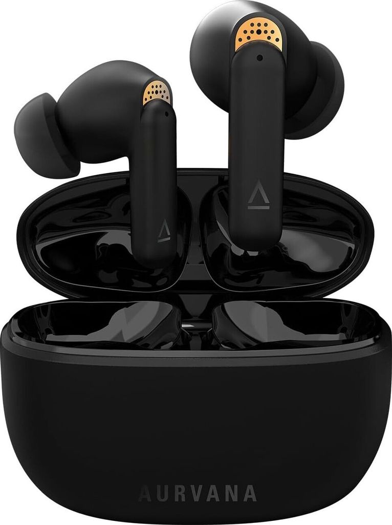 A pair of black wireless earbuds with gold accents, shown in their open black charging case.