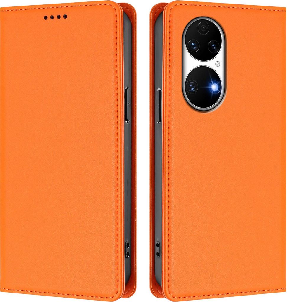 Handyhülle für Huawei P50, Kunstleder Klapphülle Stoßfeste Magnetische Hülle mit Ständer Orange
