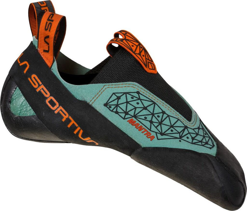 Kletterschuh "Mantra" von La Sportiva in Türkis und Schwarz mit orangefarbenen Akzenten.