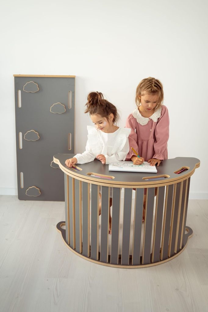 3in1 große Montessori Wippe mit Handgriffen + Tischplatte + große WÖLKCHEN Rutsche - grau