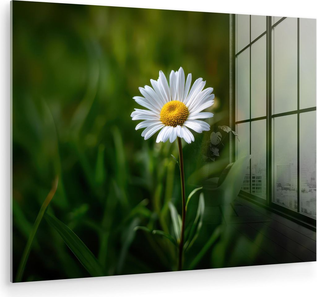 MuchoWow Glasbilder - Bilder auf Wandbild - Foto auf Glas Weiß - Gänseblümchen - Blume - Gras 80x60 cm Wanddekoration aus Glas - Acrylglasbild -...