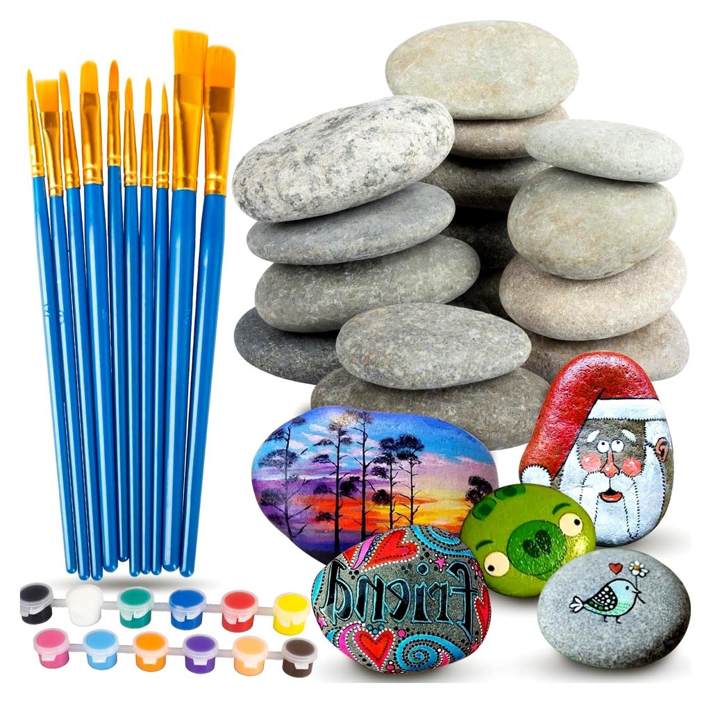 15 Stück Große Flache Steine zum Bemalen 5–8 cm Glatte Kieselsteine Dekosteine mit Bürste und Acrylfarbe für Bunte Malerei und Dekoration von...