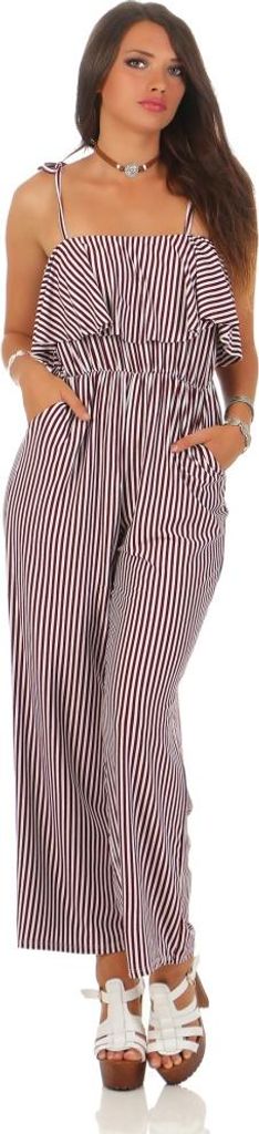 204 Damen Overall 2 in 1 Optik Bandeau Top lange Hose schulterfreier langer Jumpsuit gestreifter Einteiler mit Volants und tailliert One Size S M L...