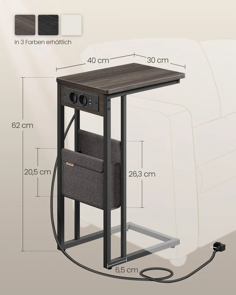 Table d'appoint C-Shape brun érable avec bloc de 2 prises de courant 220V