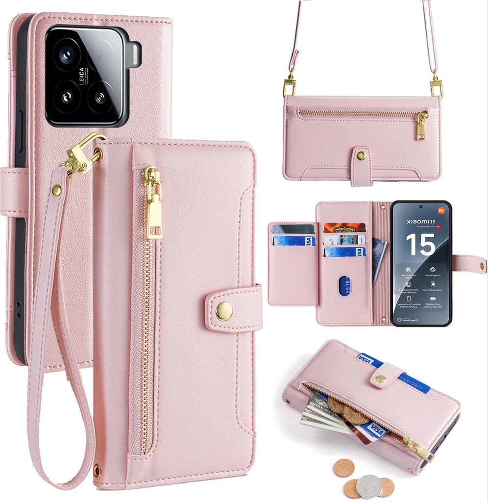 Handykette für Xiaomi 15 Hülle mit Band Handyhülle Kartenfächer Kunstleder Umhängetasche in Rosa