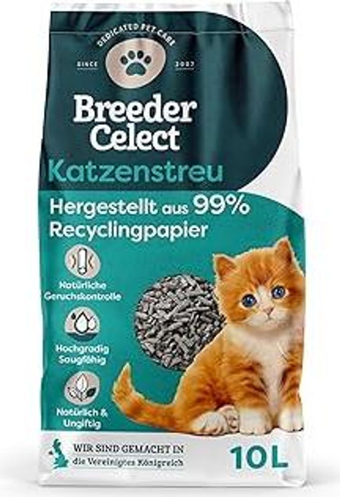 Breeder Celect Natürliches Katzenstreu (10L) - 99% Recyclingpapier, Saugfähige Katzenstreu Pellets, Optimale Geruchskontrolle, Nicht klumpend, Bi...