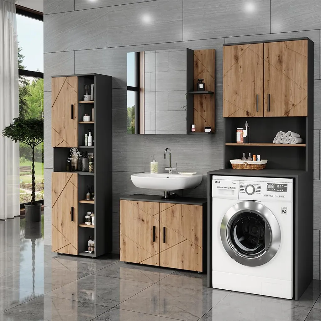 Armoire de salle de bain haute Vicco Irma 2 portes Anthracite et Chêne - 7