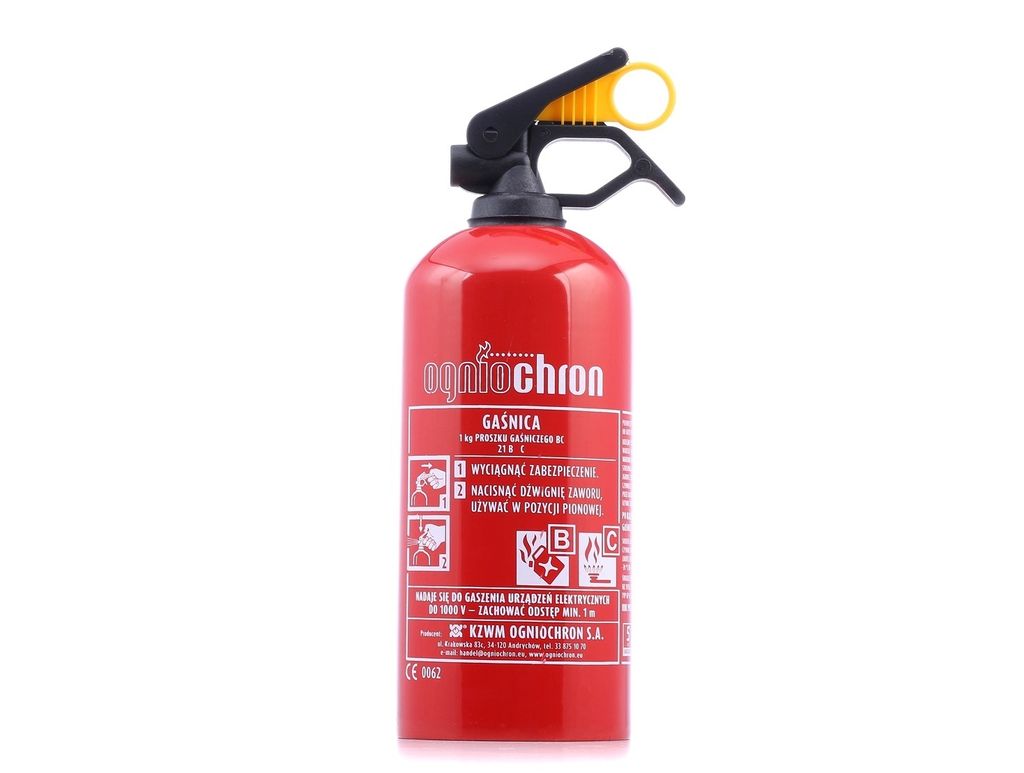 A red fire extinguisher is shown against a white background.