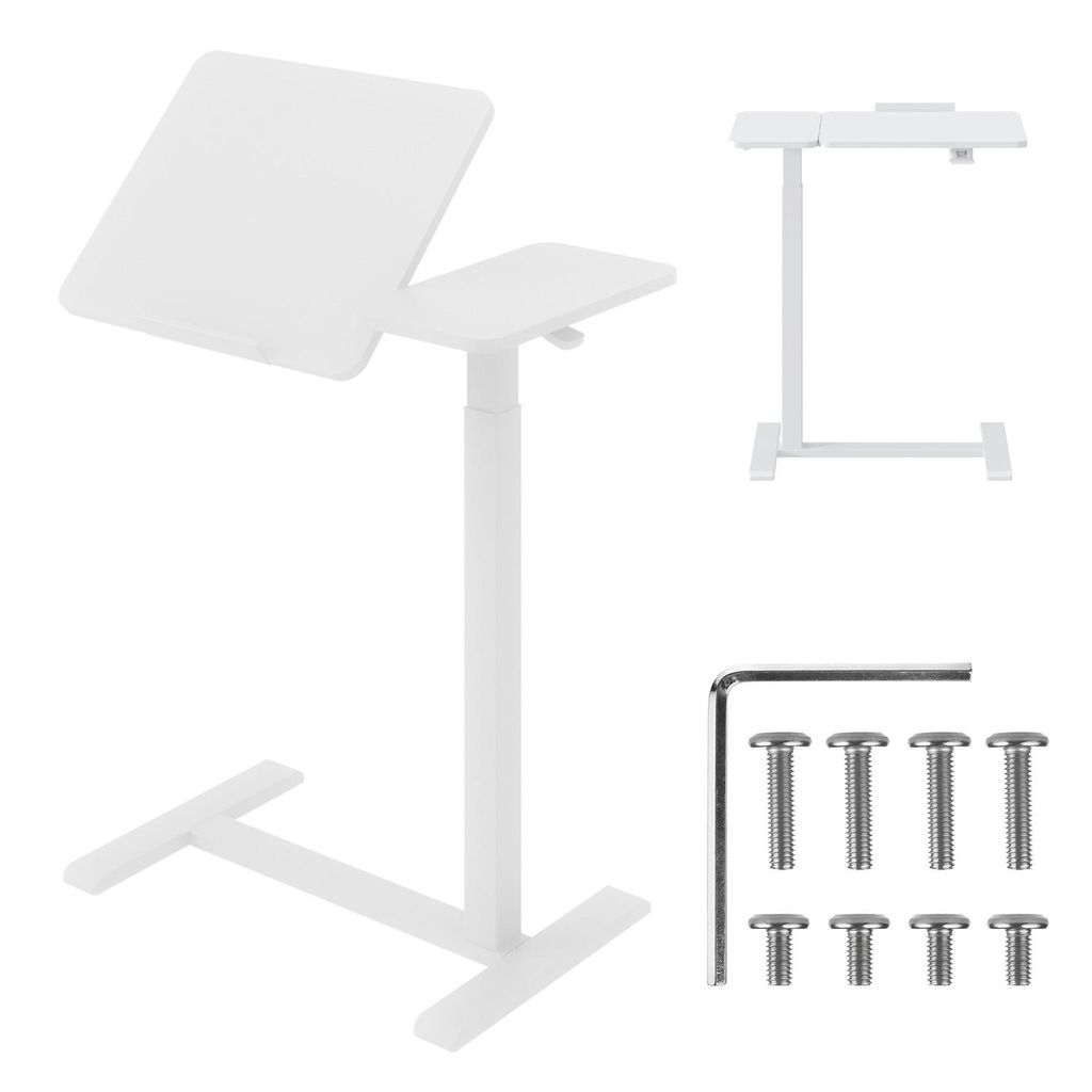 Collage of images showing a white adjustable laptop stand and its parts, along with screws and an Allen wrench.