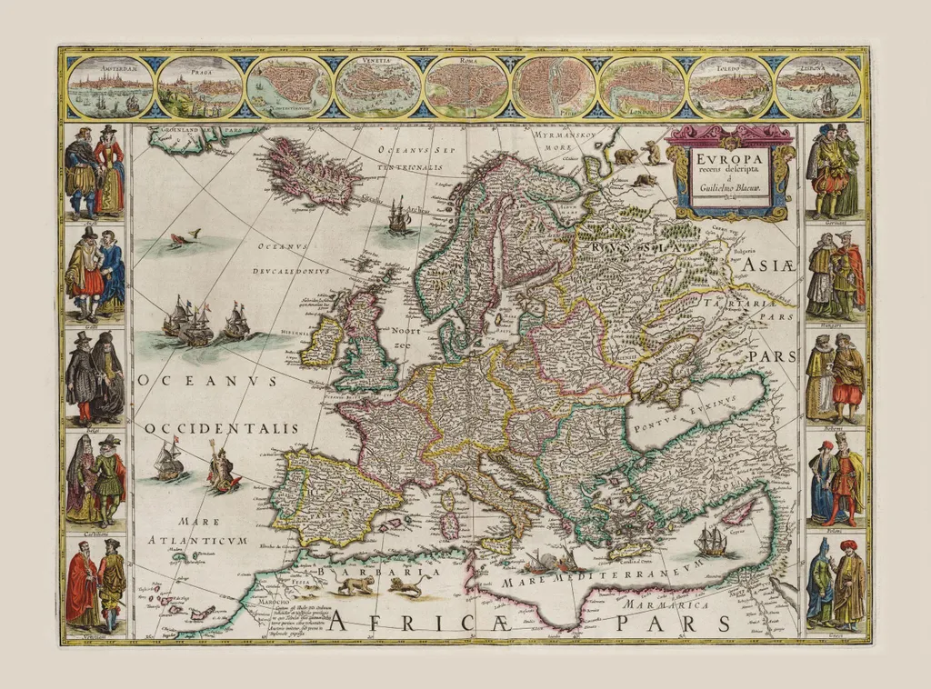 Décoration bureau : Carte Europe Guilielmo Blaeuw, Toile Murale Vintage