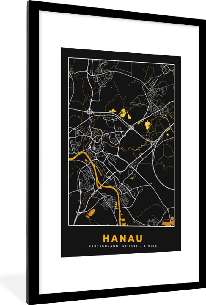 MuchoWow Gerahmtes Poster Hanau - Karte - Gold - Deutschland - Stadtplan 60x90 cm - Poster mit Schwarzem Bilderrahmen Wandposter Rahmen Foto Bild...