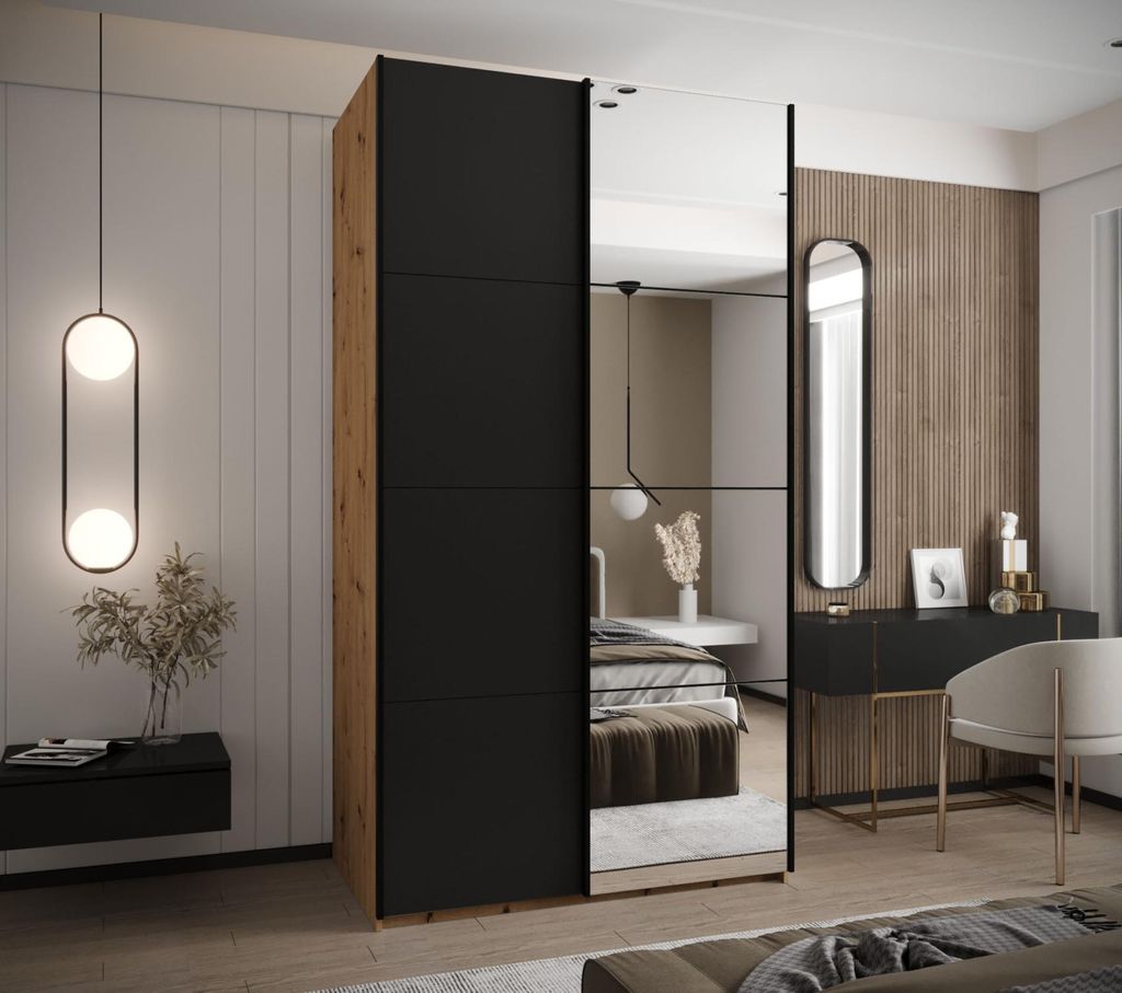 Zweitüriger Kleiderschrank SAMARA 3 - 140 cm, Eiche handwerklich / schwarz / schwarz