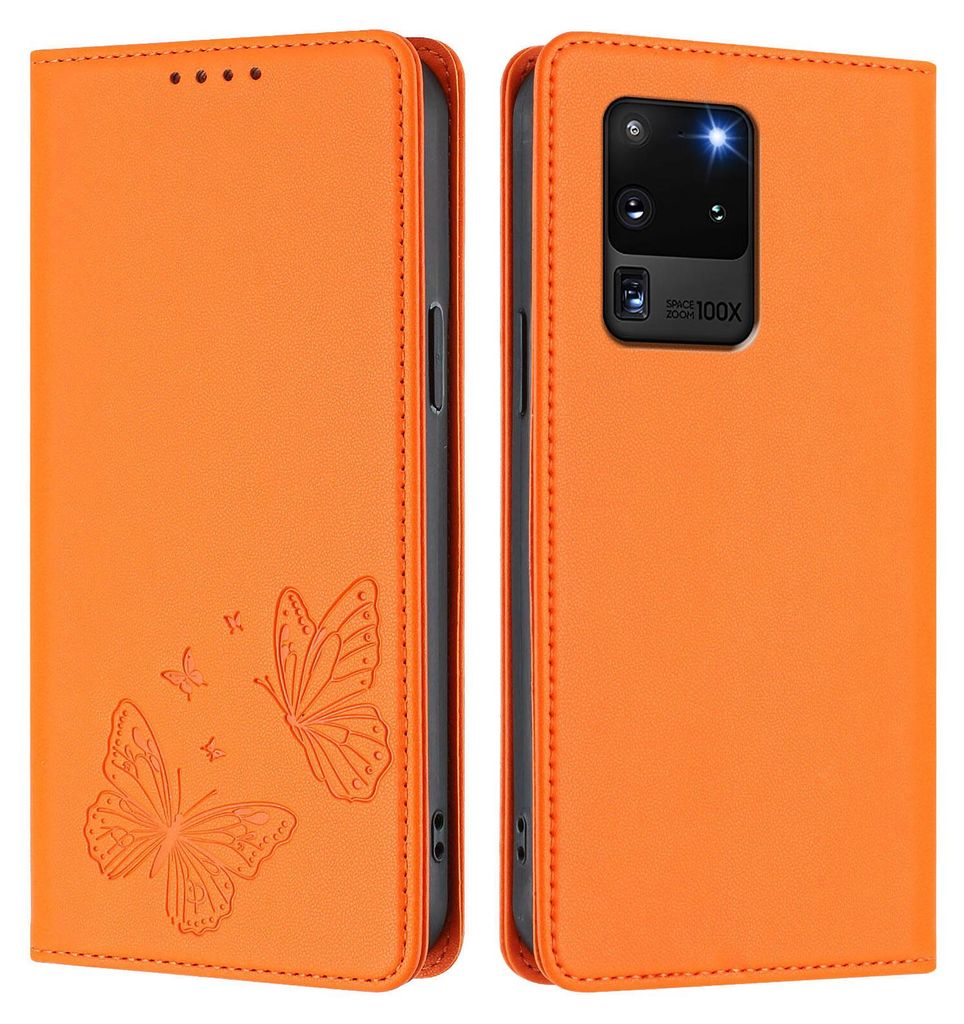 Lederhülle für Samsung Galaxy S20 Ultra 5G, Schmetterling Prägung Leder Brieftasche Schutzhülle mit Ständer Orange